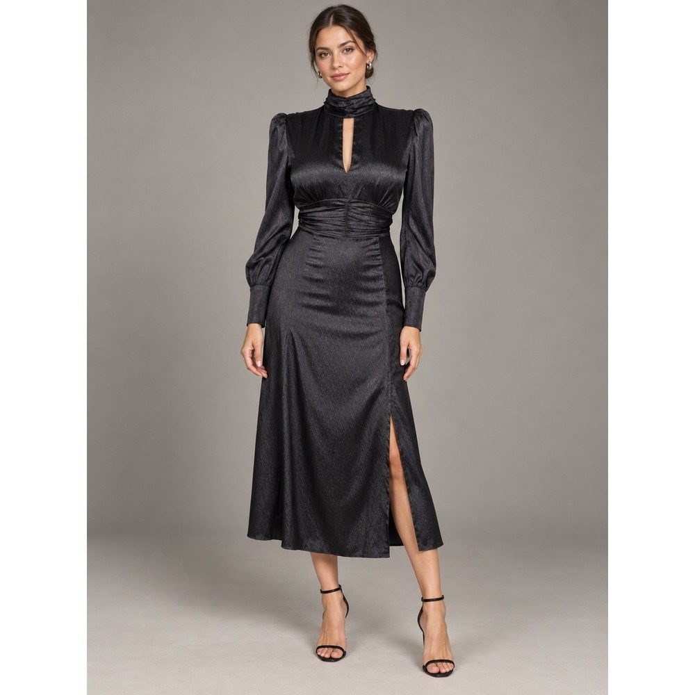 WAYF Black Satin Keyhole Ruched Midi Dress M Witchy Dark Feminine Romantic Goth